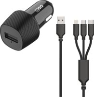 2GO USB Autós töltő - Fekete (5V / 3A) + Micro-USB / Lightning / USB-C kábel