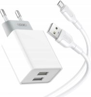 XO L65EU 2x USB-A Hálózati töltő + Micro USB töltőkábel - Fehér (5V / 2.4A)