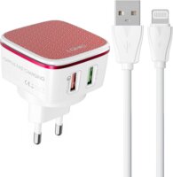 Ldnio A2405Q 2x USB-A Hálózati töltő + Lightning kábel - Fehér/Piros (30W)