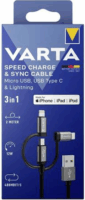 Varta Speed USB-A apa - USB Type-C / MicroUSB / Lightning apa Adat és töltő kábel - Fekete (2m)