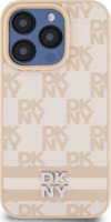 DKNY iPhone 15 Pro kockás mintás csíkkal PU Bőr Telefon tok - Pink