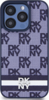 DKNY iPhone 15 Pro kockás mintás csíkkal PU Bőr Telefon tok - Kék