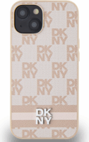 DKNY iPhone 15 kockás mintás csíkkal PU Bőr Telefon tok - Pink