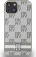 DKNY iPhone 15 kockás mintás csíkkal PU Bőr Telefon tok - Bézs