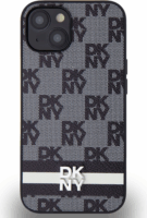 DKNY iPhone 14 kockás mintás csíkkal PU Bőr Telefon tok - Fekete