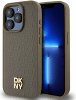 DKNY iPhone 15 Pro Max MagSafe Fém LOGO keménykeretes bőr Telefon tok - Barna