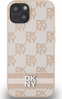 DKNY iPhone 14 Plus / 15 Plus kockás mintás csíkkal PU Bőr Telefon tok - Pink