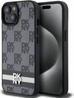 DKNY iPhone 14 Plus / 15 Plus kockás mintás csíkkal PU Bőr Telefon tok - Fekete