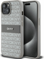 DKNY iPhone 14 Plus / 15 Plus Ismétlődő mintás PU Bőr Telefon tok - Bézs