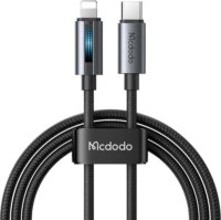 Mcdodo CA-5710 USB-C apa - Lightning apa Adat és töltőkábel LED Fénnyel 1.2m - Fekete