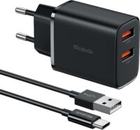 Mcdodo CH-5072 2 x USB-A Hálózati Töltő Adapter 12W + USB-A apa - USB-C apa töltőkábel - Fekete