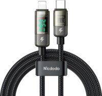 Mcdodo CA-3600 USB-C apa - Lightning apa Auto Power Off Adat és töltőkábel LED kijelzővel 1.2m - Fekete