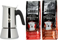 Bialetti Venus 6 személyes Kotyogós kávéfőző Nocciola és Classico kávékkal 2x250g - Ezüst