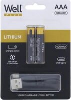 WELL Újratölthető Lithium Ceruzaelem AAA USB-C 400mAh (2db / csomag)