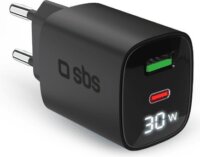 SBS PD USB-C/ USB-A LCD Hálózati Gyorstöltő Adapter 30W - Fekete