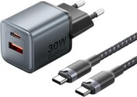 Vention GaN USB-C+A +1m USB-C-C Kábel Hálózati Gyorstöltő Adapter 30W - Szürke