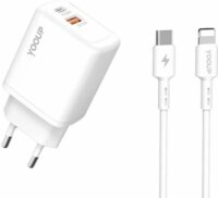 Yooup NC56-D USB-A / USB-C Hálózati Töltő Adapter 20W + USB-C/Lightning kábel - Fehér