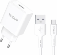 Yooup NC76-A USB-A Hálózati Töltő Adapter 12W + USB-C kábel - Fehér