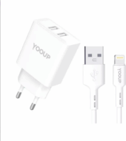 Yooup NC76-B 2x USB-A Hálózati Töltő Adapter 12W + Lightning kábel - Fehér