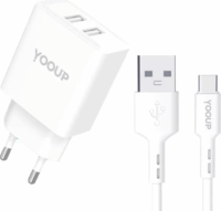 Yooup NC76-B 2x USB-A Hálózati Töltő Adapter 12W + USB-C kábel - Fehér