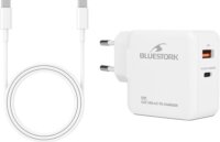 Bluestork PW-BS-65-GAN-C-A-W USB-A / USB-C Hálózati Gyorstöltő Adapter 65W + USB-C kábel - Fehér