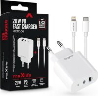 Maxlife MXTC-06 USB-C / USB-A Hálózati Töltő adapter 20W + 1m Lightning Kábel - Fehér